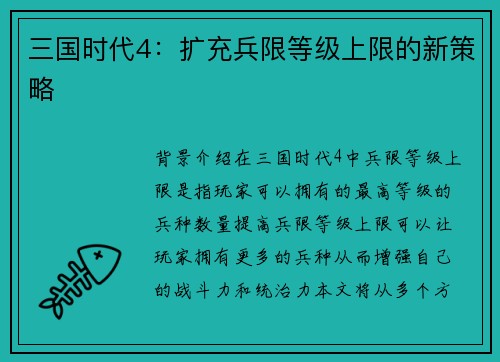 三国时代4：扩充兵限等级上限的新策略